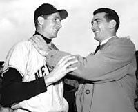 Ralph Branca pretends to choke Bobby Thomson.